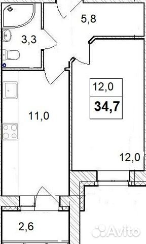 1-к квартира, 34.7 м², 1/3 эт.