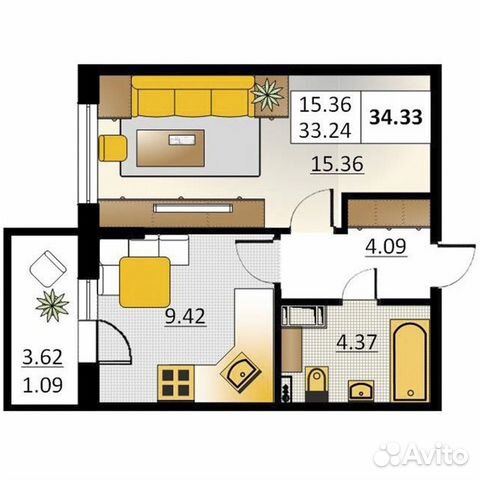 1-к квартира, 34.3 м², 2/5 эт.