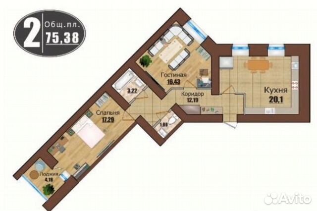 2-к квартира, 75.4 м², 6/13 эт.