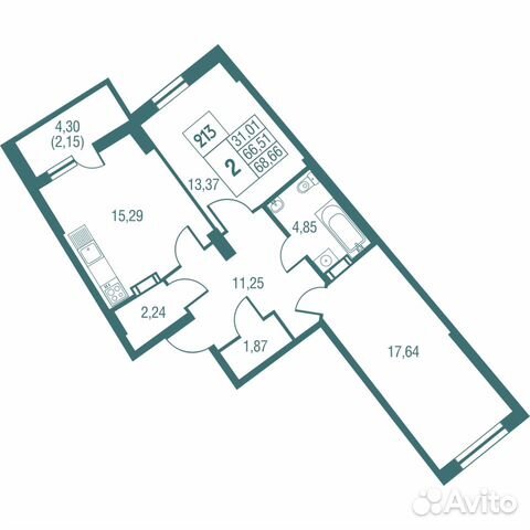 2-к квартира, 68.7 м², 19/25 эт.