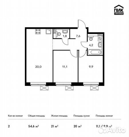 2-к квартира, 54.6 м², 22/25 эт. 2-к квартира, 54.6 м², 22/25 эт.