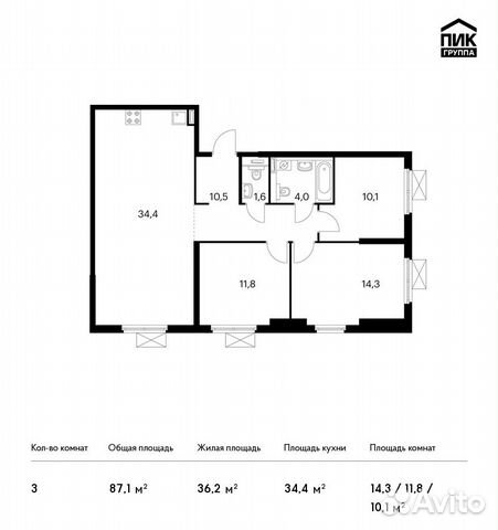 3-к квартира, 87.1 м², 18/33 эт.