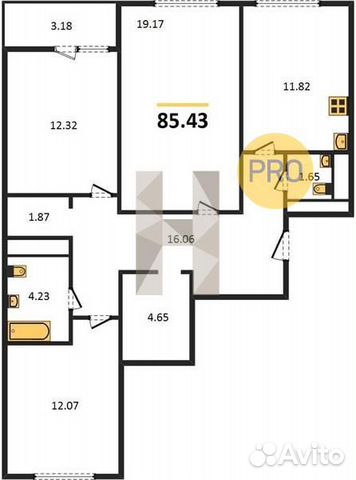 3-к квартира, 85.5 м², 4/19 эт. 3-к квартира, 85.5 м², 4/19 эт.