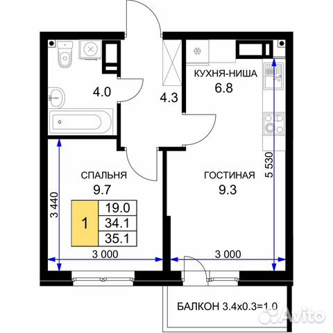 1-к квартира, 35.1 м², 11/16 эт.