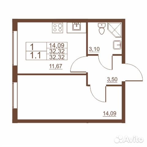 1-к квартира, 32.3 м², 1/11 эт.