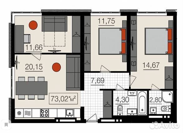 4-к квартира, 73 м², 5/17 эт.