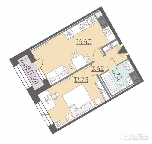 1-к квартира, 38.6 м², 3/10 эт.