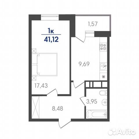 1-к квартира, 41.1 м², 1/7 эт.