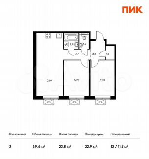2-к квартира, 59.4 м², 15/15 эт.