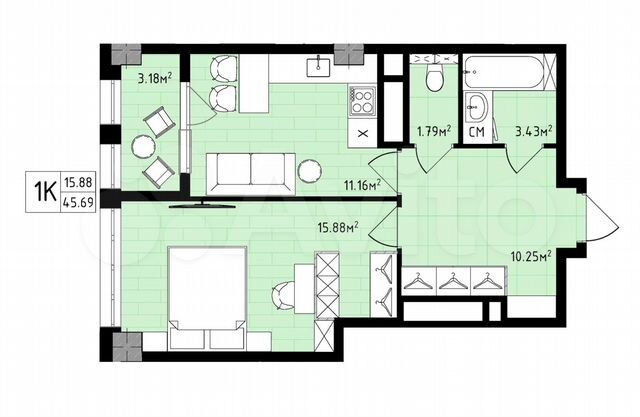 1-к. квартира, 45,7 м², 4/16 эт.