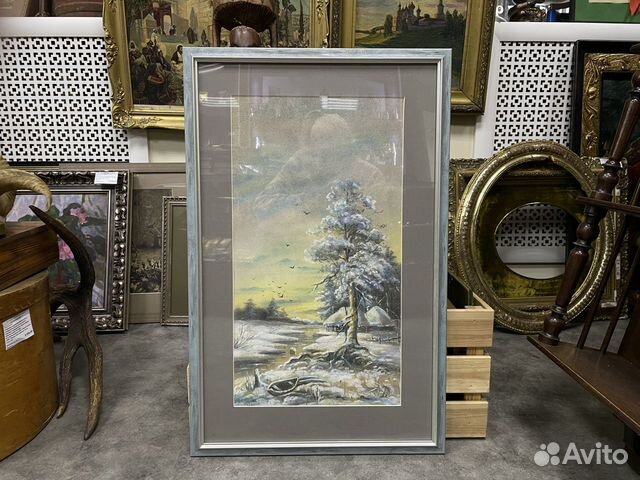 Картина в раме, зимний пейзаж. Пастель