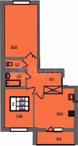 2-к. квартира, 69,2 м², 6/9 эт.