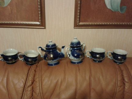 Набор чайной посуды,гжель Квартет, с золотой роспи