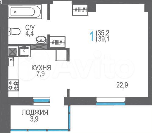 1-к. квартира, 39,1 м², 4/8 эт.