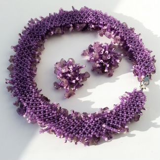 Новый комплект украшений, колье, клипсы - аметист