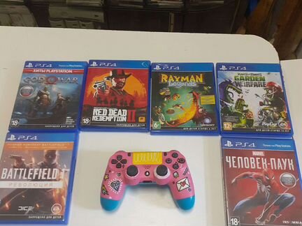 Розовый джойстик и 6 дисков Sony PS4