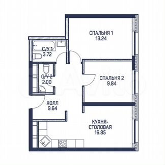 2-к квартира, 55.3 м², 5/22 эт.
