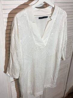 Zara белая блузка удлиненная рубашка с паетками