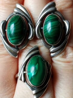 Серьги кольцо малахит серебро СССР винтаж комплект