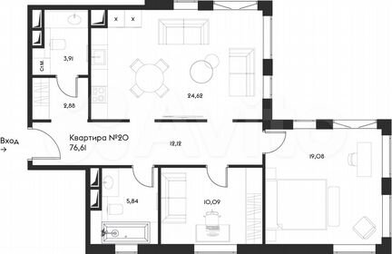 2-к квартира, 76.6 м², 7/17 эт.