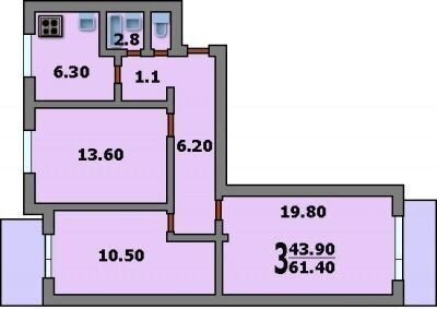 3-к квартира, 62.7 м², 6/12 эт.