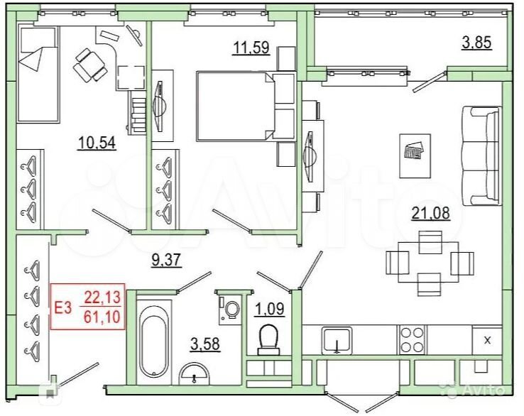 2-к квартира, 62 м², 3/12 эт.